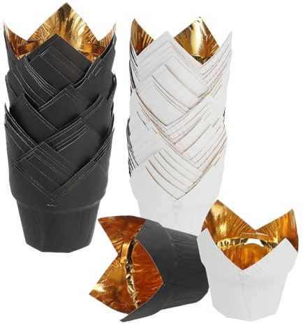 QUARKZMAN 50 Stück Tulpen Backförmchen Gold/Weiß Gold/Schwarz | Muffinförmchen Papierförmchen Aluminiumfolie Fettfest Einwickelpapier Für Hochzeiten Geburtstage Feste Weihnachten