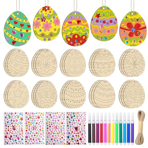 HGRGHH 30 Piezas Huevos de Pascua para Pintar, Pascua Artesanías de Madera, Manualidades Pas-cua Niños, Colgante de Pascua de Madera para Decorar, para Niños Fiesta Suministros DIY Decoración