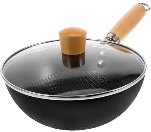ULTECHNOVO Sartén Antiadherente de Hierro 20 Cm con Tapa de Vidrio para Inducción y Gas, Wok Pequeño para Saltear Verduras y Carnes, Utensilios de Cocina para Uso Doméstico y Profesional