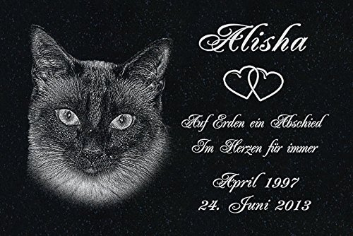 LaserArt24 Granit Grabstein - Grabplatte - Grabschmuck mit der Lasergravur des Motives Katze-ag10 (mit dem Musterbild oder Ihrem eigenen Foto - Siehe Auswahl) und Ihrem Foto/Text und Daten