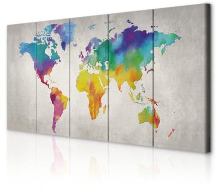 decomonkey Wandbilder Weltkarte 200x80 cm 5 Teilig Leinwandbilder Wanddeko | Bild auf Leinwand, Kunstdruck, Wohnzimmer, Wanddekoration, Welt Karte, Landkarte