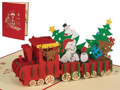 LINPOPUP®, Pop-Up Karte Weihnachten, Weihnachtszug - Lokomotive - Karte, 3d Weihnachtskarte, Geschenkkarte zum Weihnachtsfest, Weihnachtslok, Eisenbahn, N427