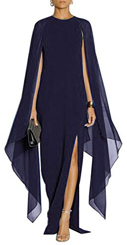 MAYFASEY Women's Elegant High Split Flare Sleeve Formal Evening Gowns Maxi Dress with Cape, Blue, XL