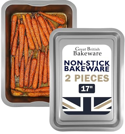 Great British Bakeware 43cm 2 Set Superior Non-Stick Extra Large Non-Stick Roasting and Baking Tray, Baking Trays, Roasting Tin, PFOA & BPA Free Cookware, Made in England
