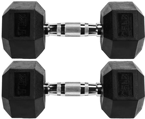 Fitvids Rubber Encased Hex Dumbbell, 25LB Pair