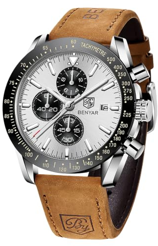 BENYAR, Montre pour Homme Chronographe, Mouvement à Quartz, Bracelet Cuir/Acier/Silicone, Montre de Sport d'affaires, Tendance, 30 m Étanche, Anti-Rayures, Cadeau Élégant