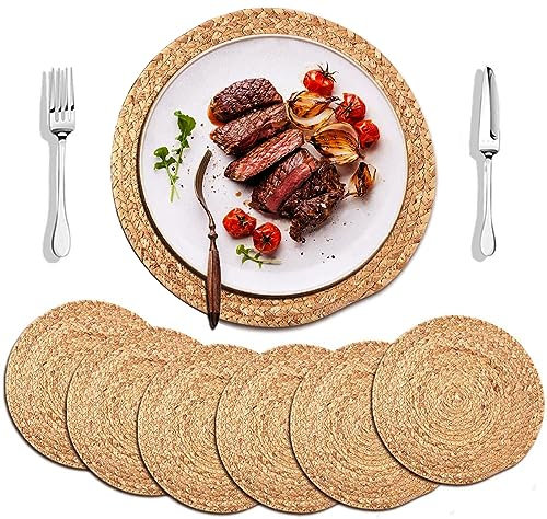 DAJAMAI Round Woven Placemats, 13'' Plate Chargers Heat Resistant Non-Slip Water Hyacinth Weave Place Mats Farmhouse Straw Braided Rattan Tablemats Wicker Placemats for Dining Table Decor Set of 6