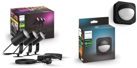Philips Hue White and Color Ambiance LED Gartenstrahler Lily 3er Basis-Set, kompatibel mit Amazon Alexa (Echo, Echo Dot) + Bewegungssensor für den Aussenbereich, integrierter Tageslichtsensor, schwarz