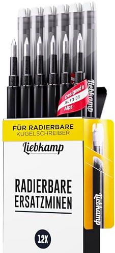 LIEBKAMP Radierbare Ersatzmine schwarz 0,7mm [12 Stk] Für Radierbarer Kugelschreiber, Tintenroller Radierbar, Radierstift, Erasable Pen, Gelschreiber