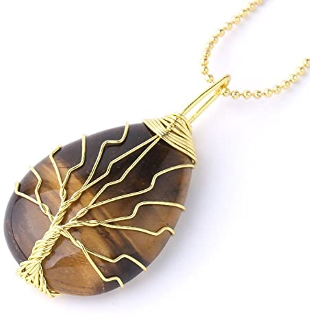 Pendentif Pierre Naturelle,Oeil De Tigre Pierre Collier en Cristal Naturel Goutte d'or Fil Wrap Arbre De Vie Pendentif Collier Cristal Reiki Quartz Amulette Pierres Précieuses Pendentif Bijoux Cade