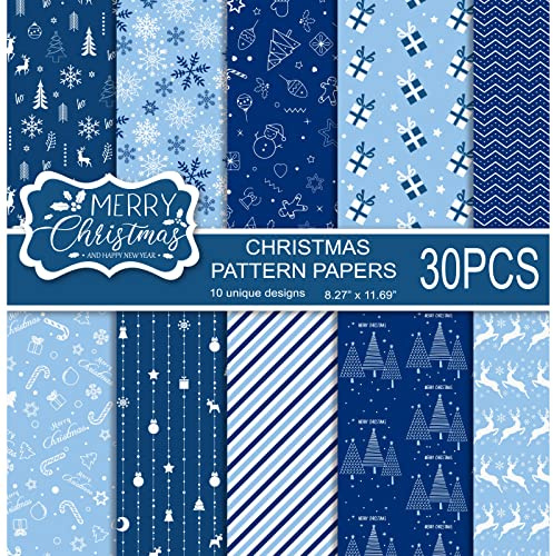 MIAHART 30 Blatt Frohe Weihnachten Musterpapier Set A4 Größe 10 Designs Festival Dekoratives Bastelpapier doppelseitig für Kartenherstellung Sammelalbum, Blau und Weiß