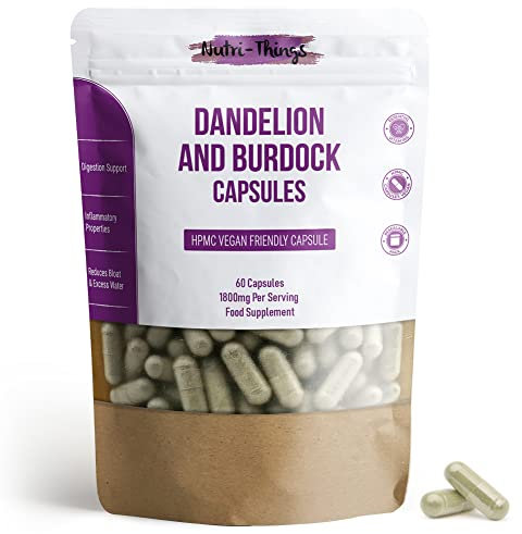 Dandelion & Burdock Root Capsules - 1800mg High Strength Dandelion Root Extract for Water Retention & Digestive Support | Vegan-Friendly Supplement | 60 Capsules with Dandelion Root Powder