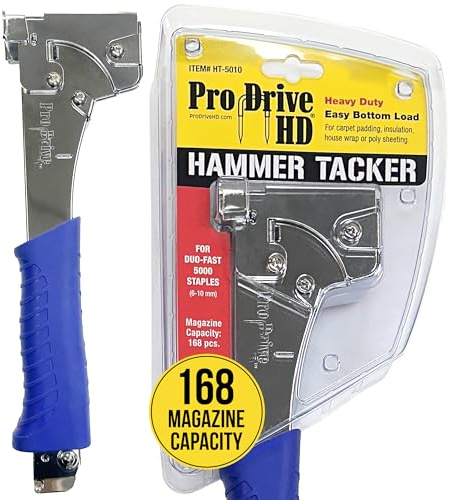 Pro Drive HD 5010 Heavy Duty Hammer Tacker - Fits 1/4'-3/8' (6-10mm), Capacity 168 pcs with Blue Sure-Grip Handle - Manual Stapler Used as Roofing, Carpet & Upholstery Stapler
