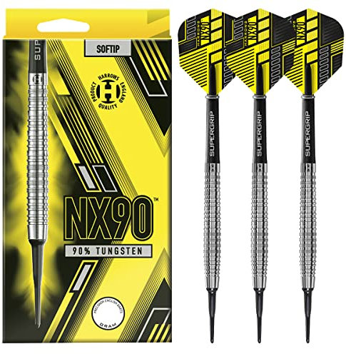 Harrows NX90 Darts-Set I Profi-Dartpfeile, 90% Wolfram, weiche Spitze, 18 g und 20 g, Pro-Darts I 10-teiliges Set mit schwarzen Supergrip-Midi-Schäften und NX90-Flights (20 Grams) (Tapered 20g)