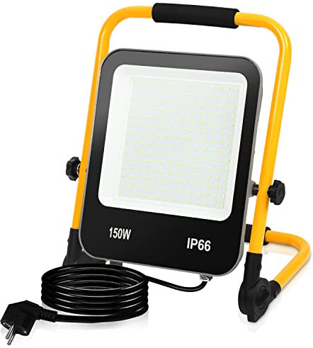 Ikodm LED Baustrahler Arbeitsleuchte, 150W Baustellen Strahler inkl. Faltbarer Standgestell und 3M Netzkabel, Baulampe 13000LM 6000K Kaltweiß IP66 Wasserdicht für Innen Außen (mit Stecker)