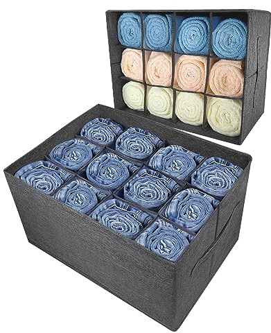 2 Stück 12-Fächer Kleiderschrank Organizer Aufbewahrung mit Unterteilern | Separate Einzelfächer, Stapelbar, Faltbare Stoff Aufbewahrungsboxen für aufgerollte Jeans Hosen Handtücher, Schlafzimmer