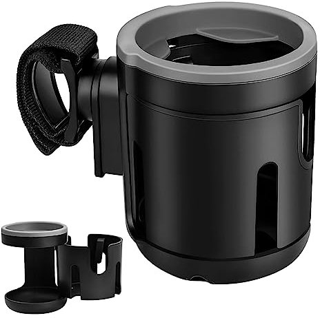 Pinsheng Getränkehalter für Kinderwagen Buggy Zubehör, 2 in 1 Kinderwagen-Aufbewahrungsregal 360° Drehba Kaffeehalter Doppelt Getränkehalter für Trolleys Mountainbikes Kinderwagen Rollstuhl