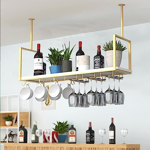 Portabottiglie Vino A Sospese Soffitto - Mensola A Soffitto, Portabottiglie Sospeso Multifunzionale A Soffitto, Portabicchieri da Vino in Legno Massello in Ferro Battuto, Espositore da Cucina (Color