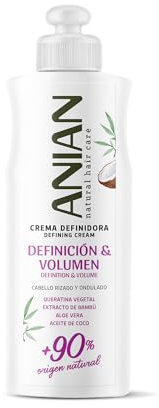 ANIAN - Crema Definidora de Rizos Definición y Volumen, 250 ml, para Cabello Rizado y Ondulado, Moldea y Da Forma a tus Rizos, con Queratina Vegetal, Aloe Vera y Aceite de Coco