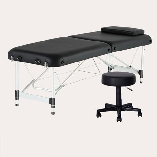 XIAOZHUANGXIONG Zusammenklappbares Kosmetikbett, Mobile Aluminium Massageliege 2 Zonen Höhenverstellbar Klappbar, mit Tagesdecke, Rucksack und Runder Hocker (Color : Black, Size : 185 * 70cm-C)