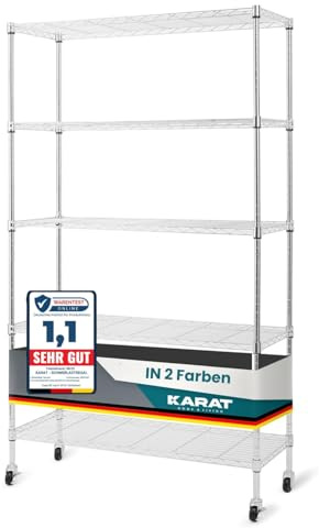 KARAT Regal auf Rollen Gitterregal aus Metall mit 5 Regalböden, Rollwagen für Küche, Badezimmer, Keller, Abstellraum bis 120kg, Küchenwagen auf Rollen Aufbewahrungswagen verchromt 89x34x150cm