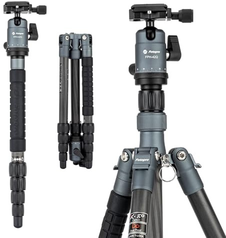 Fotopro 57inch Carbon Fibre Tripod for Camera, Lightweight Travel Tripod with Ball Head, Detachable Monopod with Quick Release Plate and Bag, Load up to 8KG/17.63lbs,Grey