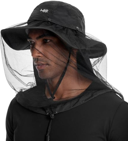 BASSDASH UPF 50+ Myggsolhatt med dolt huvud nät och nackklaff för män kvinnor utomhus fiske vandring camping FH16, Svart, one size