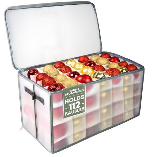 Pelle & Sol Christmas Bauble Storage Box with Dividers for 112 Ornaments, Christmas Decoration Storage with Zipped Lid, Handles, Sturdy Design - Perfect Storage Box for Decorations - Grey