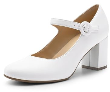 DREAM PAIRS Women's Mary Jane Heels Close Toe Dress Pumps Comfortable Office Work Dress Shoes for Women DWUMPU2528,Size 8,White,DWUMPU2528