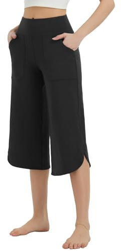 BALEAF Capribyxor för kvinnor, raka breda ben, yogabyxor med fickor, yogalecapri, leggings med hög midja, träning, avslappnad sommar, Svart, XL