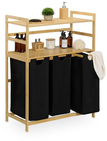 Relaxdays Cesto Ropa Sucia con 2 Estantes, 3 Sacos Extraíbles Colada, 105 x 80 x 40 cm, Baldas, Natural/Negro, Poliéster, Bambú