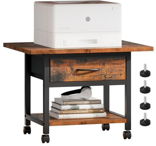 Uptyia Mesa Auxiliar con Ruedas de 2 Niveles, con Cajón y Estante, Soporte para Tocadiscos o Impresora, Mueble de Almacenamiento Bajo para Salón, Dormitorio u Oficina, 56x38x40 cm, Montaje Fácil