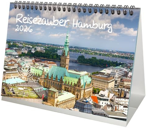 Reisezauber Hamburg DIN A5 Tischkalender für 2026 Hafen Deutschland - Set-Inhalt: 1x Kalender 1x Weihnachtsanhänger 1x Grußanhänger (gesamt 3 Teile)