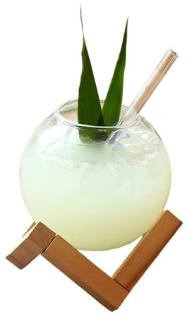 YIZITU Creative Ronud - Taza de cristal con soporte de madera, taza para bebidas, cócteles, cristalería, restaurante, bebidas frías, jugos