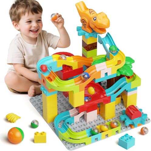 Murmelbahn Bausteine Dinosaurier Spielzeuge, Kinder STEM Spielzeug Dino Kugelbahn Set ab 3 4 5 6 Jahre Jungen Mädchen (90pcs-Dinosaurier Murmelbahn)