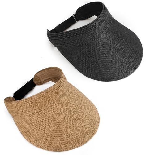 HAPPY FINDING 2Pcs Straw Hat Women Visor Hats Packable Ponytail for Travel