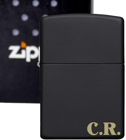 Schwarz Mattes Benzin-Sturmfeuerzeug mit Gravur Edle Gravur in Gold – Personalisierbar – Geschenk für Männer und Frauen (Initialen)
