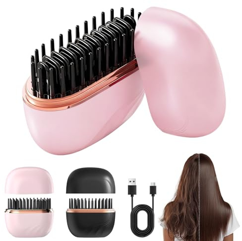 Mini Hair Straightener Brush, Mini-Glätteisen Kabellos, Schnelles Erhitzen, Wiederaufladbare Tragbare Glättbürste, 3-Stufige Temperaturregelung, für alle Frisuren Geeignet (Rosa)