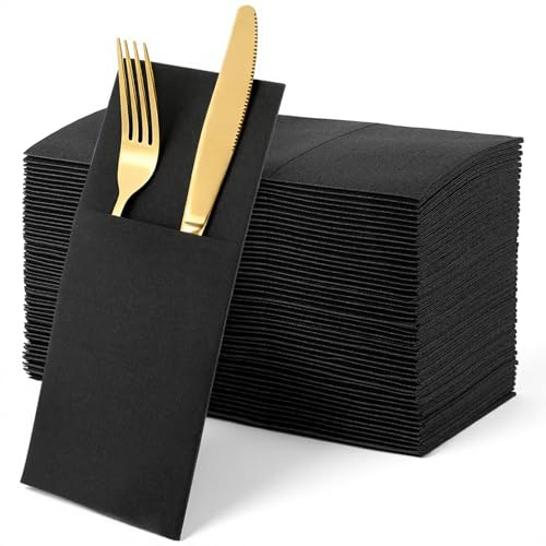 100 Pcs Black Linen-Feel Paper Napkins, Black Napkins Disposable with Built-in Flatware Pocket, Prefolded for Knives and Forks, Blacks Dinner Napkin for Evening Parties, Weddings, Birthday
