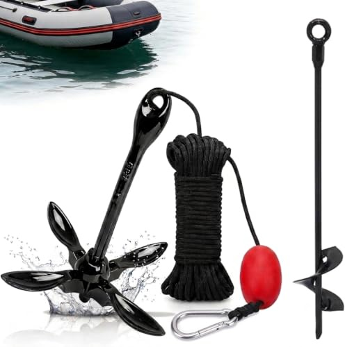 FUNTEN Ancla plegable para barco de 1,59 kg, con cuerda de 12 m y anclaje en espiral para SUP y bote inflable