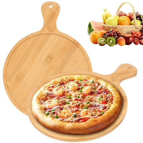 2 Pcs Natural Bamboo Pizza Tray,Premium Pizza Boards with Handle,12 Inch Round Wooden Chopping Boards,Food Serving Tray for Cheese,Fruits,Vegetables,Bread(2 Large Size)