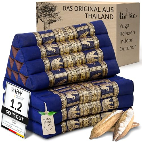 livasia Thaikissen 3 Auflagen Thaiseide - 175x55x8cm - Dreieckskissen mit Klappmatratze, Rückenkissen faltbar, Thaimatte zum Klappen, Kapok handgefertigt, Meditationskissen (Blau/Elefanten Seide)