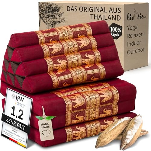 livasia Thaikissen 3 Auflagen Thaiseide - 175x55x8cm - Dreieckskissen mit Klappmatratze, Rückenkissen faltbar, Thaimatte zum Klappen, Kapok handgefertigt, Meditationskissen (Rot/Elefanten Seide)