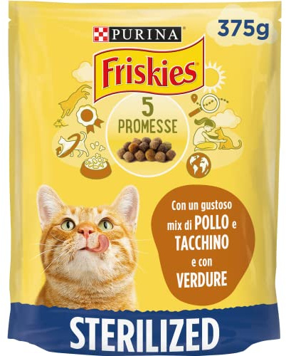 PURINA FRISKIES Sterilized crocchette per gatti adulti sterilizzati con un gustoso mix di Pollo e Tacchino e con Verdure in 12 Confezioni da 375 g