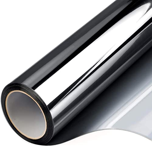 FILMGOO Fensterfolie Spiegelfolie Selbstklebend Sichtschutz Wärmeisolierung Sonnenschutzfolie Nicht klebend Fenstertönung Anti-UV Folie für Zuhause oder Büro Wohnzimmer(Schwarzes Silber, 90 x 400 cm)