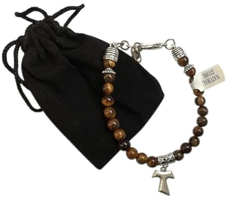 Armband med pärlor i naturlig ädelsten tigeröga och silverpläterat Tau kors – hänge h 0,67 tum, 7 inches, Ädelsten