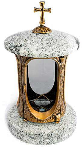 Elegante lanterna funeraria Elégant con croce, granito viscont bianco, altezza 27 cm, diametro 15 cm, lampada funeraria in granito, lanterna in bronzo con base