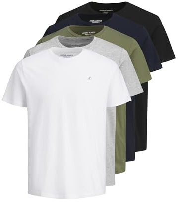 JACK & JONES JORJXJ - Pack de 5 Camisetas para Hombre, Manga Corta, Cuello Redondo, 100% Algodón, Regular Fit, Multicolor, XL