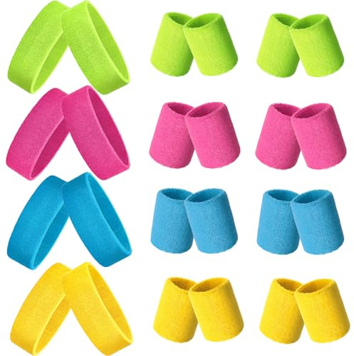 24 Pieces 80s Neon Sweatbands Set, Include 8 Sports Headbands and 16 Sweat Wristbands Elastic Athletic Sweat Bands Bulk for Man Woman 80s Party (Rose Red, Sky Blue, Fluorescent Yellow, Yellow)