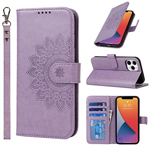 Elteker iPhone 11 Pro Hülle, Klapphülle mit 3 Kartenfächern, Magnetverschluss, Leder, Eleganter Prägung, Violett